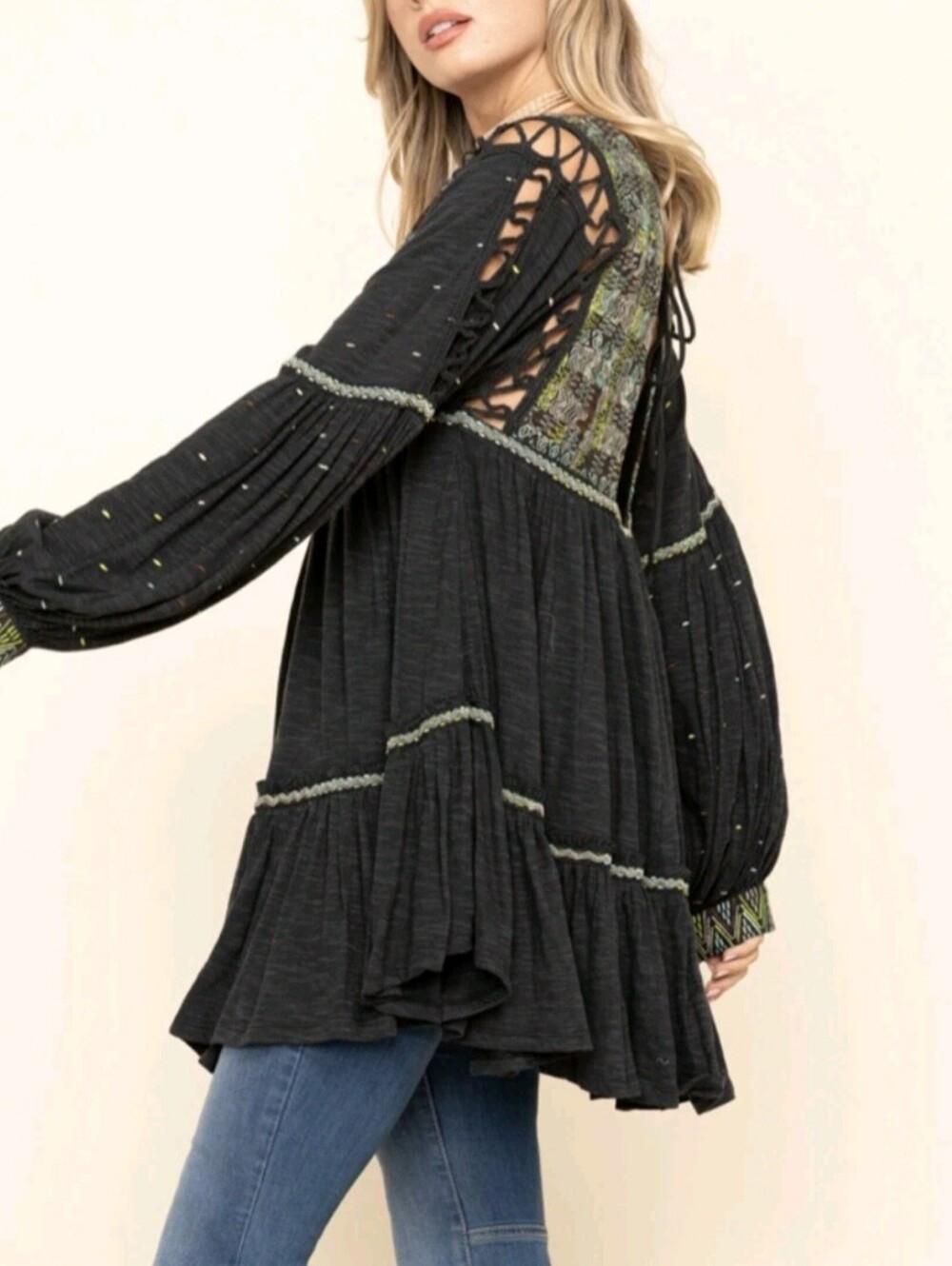 $148 Free People Women's Much Love Tunic Top Embroidered Cutout Back Black